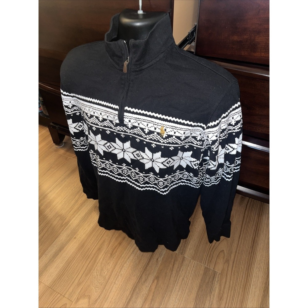 Polo Ralph Lauren Men's Size Medium Sweater Estate Rib Black Snowflake 1/4 Zip - Picture 2 of 8